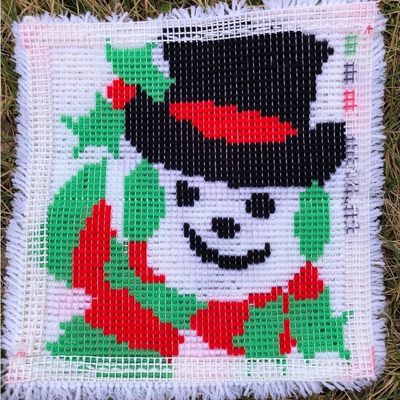 Kitschy Snowman Latch hook wall hanging Retro kitsch 50s 60s 1950s 1960s cute💚 - Picture 4 of 6